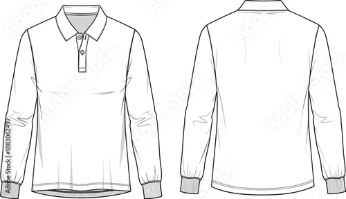 Long sleeve polo shirt technical drawing, front back view apparel mockup template, casual menswear fashion design illustration, clean outline vector