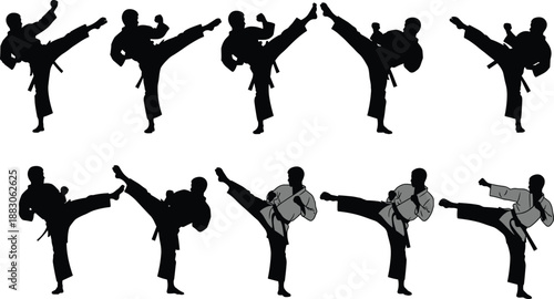 Martial arts fighter silhouette collection performing high kick poses, karate taekwondo combat action, strength discipline training concept isolated set