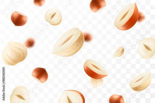 Flying hazelnut, isolated on transparent background, selective focus. Flying hazelnut with blurry effect. Can be used for advertising, packaging, banner, poster. Realistic 3d vector illustration