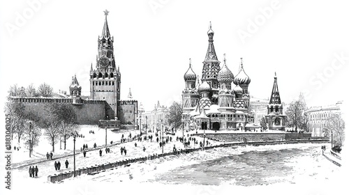 Red Square in winter with Kremlin and Saint Basil’s Cathedral in detailed historical architectural engraving sketch