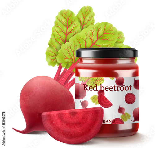 Beetroot smoothie in glass jar, a glass jar of beetroot juice or borscht dressing. Realistic 3d vector Illustration. Glass Jar with Preserved Beetroot. Natural organic food label.