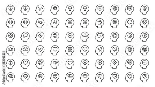 A diverse collection of 60 minimalist line art icons representing various aspects of human thought, psychology, and creativity, presented in a clean, modern style