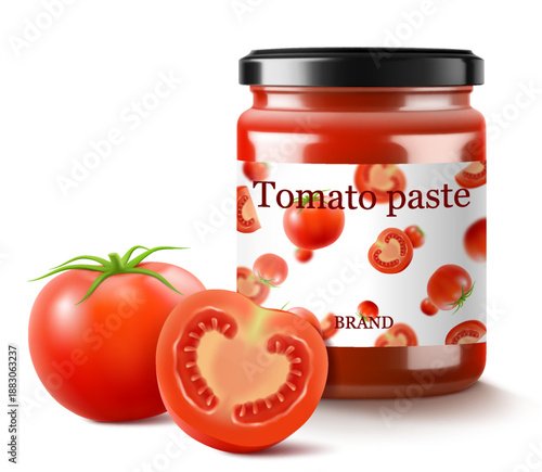 Tomato sauce canned in glass jar with screw metal lid, Vegetables home preservation. Ketchup, taco or tomato juice conservation isolated, 3d realistic vector illustration set
