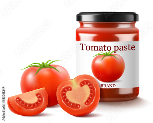Tomato sauce canned in glass jar with screw metal lid, Vegetables home preservation. Ketchup, taco or tomato juice conservation isolated, 3d realistic vector illustration set