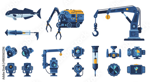 A comprehensive collection of advanced underwater exploration and industrial robotics equipment, including specialized tools and machinery.