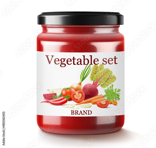 Vegetable smoothie or borscht dressing made from carrots, beets, onions and tomatoes in glass jar. Realistic 3d vector Illustration. Glass Jar with Preserved Beetroot. Natural organic food label.