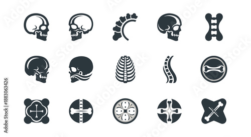 A collection of black and white icons depicting human skulls, bones, vertebrae, and skeletal structures, representing anatomy and orthopedics.