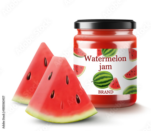 Glass jar with homemade watermelon jam, isolated on white background. Label with slice watermelon on a jar. Sweet homemade preserve watermelon jam or juice .Realistic 3d Vector illustration