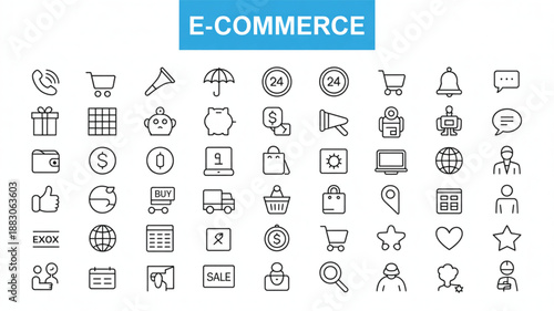 Comprehensive collection of black and white line icons for global e-commerce, online shopping, digital business, and web services