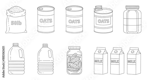 A collection of various food and drink items in different packaging, including sacks, cans, bottles, jars, and milk cartons.