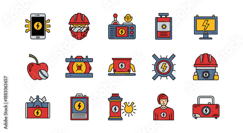 A diverse collection of colorful vector icons representing electricity, power, energy, and technological concepts.