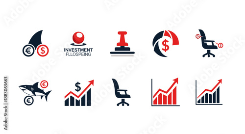 A collection of ten modern business and finance icons, featuring sharks, currency, growth charts, and office elements in red and black.