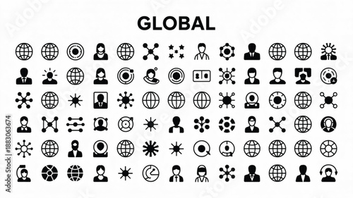 A Collection of 80 Line Icon Illustrations Featuring Global Concepts like People, Technology, and Connectivity
