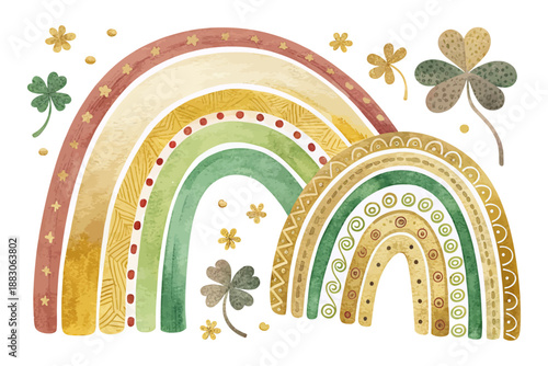 Rainbow with Gold Watercolor Art, St. Patrick’s Day Design Isolated on White
