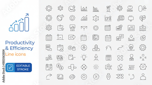 Expansive collection of 80 minimalist line icons designed for business productivity, project management, and data analysis tasks across various platforms
