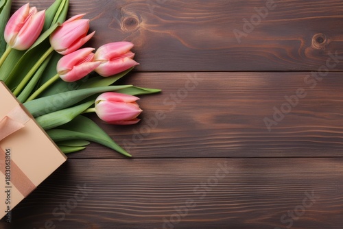 Pink tulips and beige gift box creating a festive spring flat lay on a wooden surface