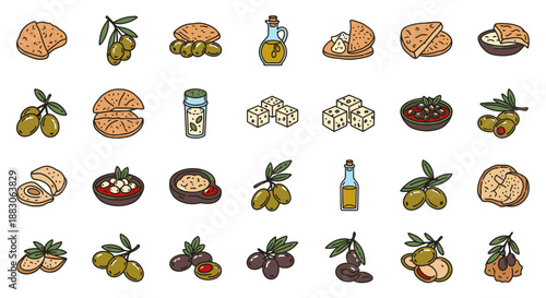 Assortment of colorful cartoon icons illustrating olives, olive oil, and traditional Mediterranean dishes and ingredients.
