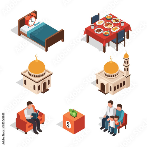 Isometric Islamic icons including mosque, family, and daily routine elements