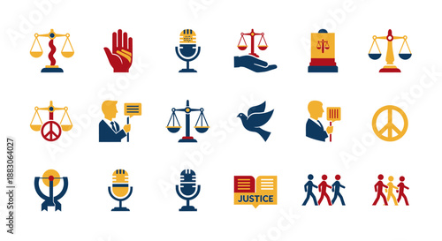 A collection of flat design icons representing justice, human rights, peace, and social issues, including scales, microphones, doves, and protest symbols.