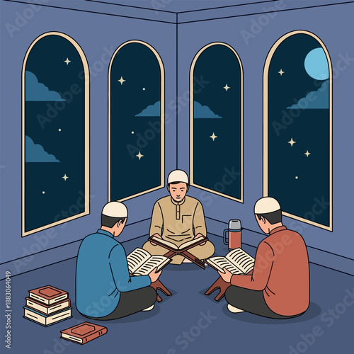 Men reading holy books in a room at night under moonlight