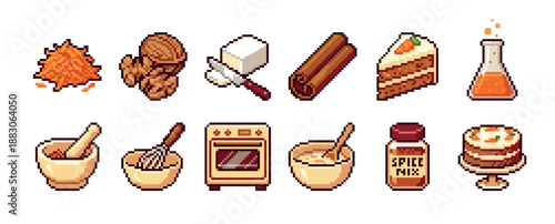 Set of pixel art baking icons for a carrot cake recipe, featuring ingredients like grated carrot, walnuts, and cinnamon, plus kitchen equipment like an oven, bowl, and whisk