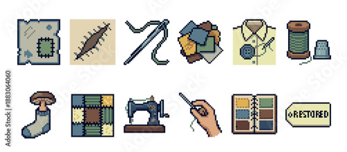 Set of pixel art sewing icons for mending and repair, featuring a needle, thread, thimble, vintage machine, and patched fabric in a charming 8-bit video game style