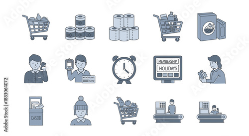 A collection of various shopping and daily life related icons, including carts, products, people, and retail scenes.