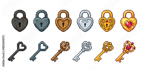 Pixel art set of heart-shaped padlocks and keys showing a progression from rusty iron to ornate gold with jewels, designed as a fantasy video game asset collection