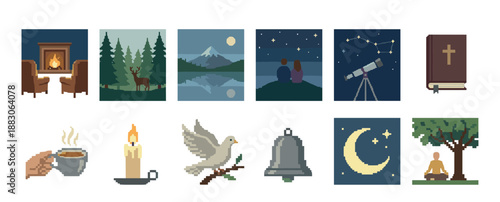 Set of twelve pixel art icons representing peace, tranquility, and spirituality with a fireplace, dove, holy book, and meditation scene in a retro 8-bit video game style