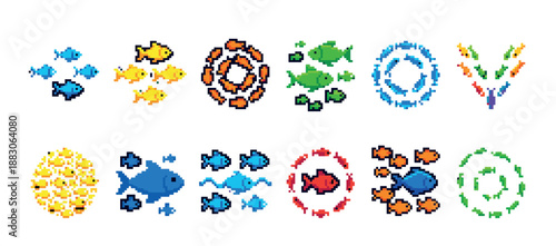 Collection of colorful pixel art fish icons showing different shoals and schools swimming in various formations, rendered in a retro 8-bit video game style for digital design