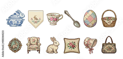 Charming collection of vintage cottagecore illustrations featuring a rabbit, teacup, patchwork egg, armchair, and basket in a nostalgic and decorative pixel art style