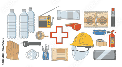 A comprehensive collection of essential items for emergency preparedness and disaster survival, including water, food, first aid, tools, and protective gear.
