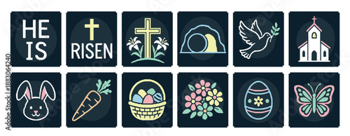 Collection of twelve Easter holiday icons combining religious and secular symbols like the cross, empty tomb, dove, bunny, and decorated eggs, illustrated in a pastel chalk style