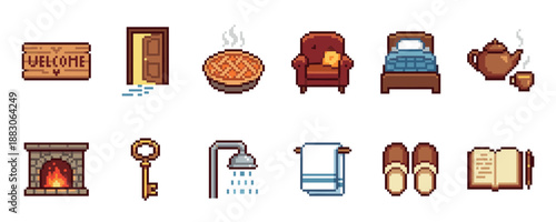 Pixel art icon set of cozy home and hospitality items like a fireplace, bed, pie, and tea, designed in a charming retro 8-bit video game graphic style