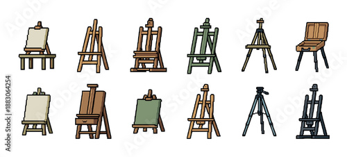 Collection of wooden and metal art easels in various designs, including A-frame, H-frame, and tripod stands, presented in a charming pixel art style for creative projects