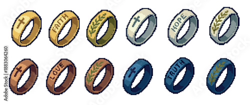 Pixel art collection of religious rings with engraved symbols and words like faith, hope, love, and truth, presented as a colorful set of video game assets or icons for an RPG