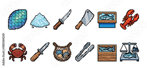 Set of pixel art seafood market icons featuring fish, crab, lobster, shellfish, knives, a cleaver, salt, and a weighing scale for a retro video game asset collection