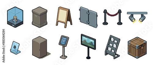 Set of twelve isometric museum and gallery icons including a display case, pedestal, easel, stanchion, and spotlights for exhibition design and game assets