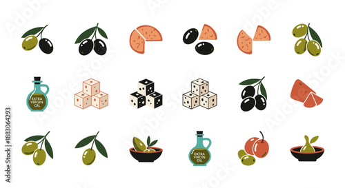 A collection of flat design icons representing Greek food items such as olives, feta cheese, and olive oil in various forms.