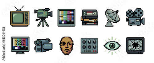 Set of retro media pixel art icons including a television, camera, VHS tapes, and surveillance symbols in a vintage 8-bit video game style illustration