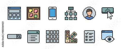Pixel art user interface and experience icons set for web and mobile app design, featuring wireframe, sitemap, and user profile symbols in a retro 8-bit style