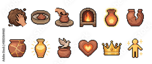 Pixel art icon set showing the process of making pottery from clay, including shaping on a wheel, firing in a kiln, and concepts like brokenness, kintsugi repair, and spiritual creation