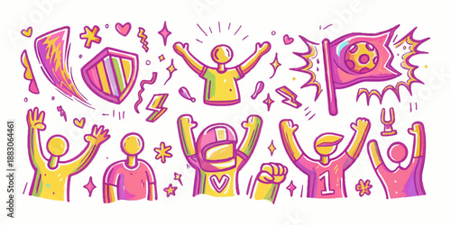 Flat Cartoon Vector Illustration of Excited Spectators Celebrating a Goal at a Major Sports Event