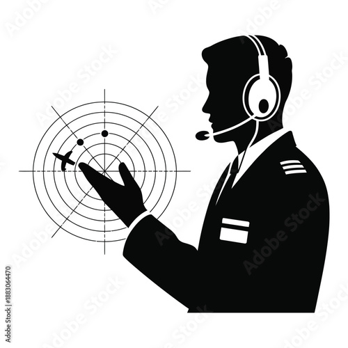Air Traffic Controller Using Radar Navigation Technology Vector Illustration Showing Pilot Helping to Avoid Conflicts and Maintain Safety with Airplane Pilot