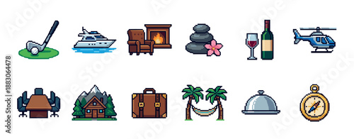 Collection of luxury lifestyle pixel art icons representing wealth, travel, and leisure, including a yacht, helicopter, golf, and spa stones in a retro 8-bit video game style
