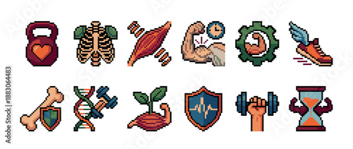 Set of pixel art fitness icons representing health, strength, and exercise concepts like muscle, skeleton, DNA, and weightlifting in a retro 8-bit video game style