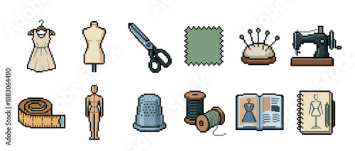 Pixel art icon set of sewing and tailoring tools including a dress, mannequin, scissors, thread, and sewing machine for a retro 8-bit craft or fashion design project