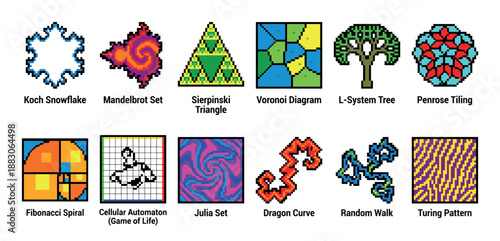 Colorful pixel art collection of mathematical fractals, generative algorithms, and scientific patterns presented as a set of vibrant, retro 8-bit style icons and diagrams