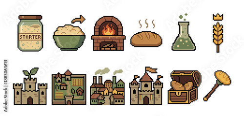 Pixel art icon set of medieval fantasy elements including bread making, kingdom building, castles, and alchemy for a retro video game asset collection