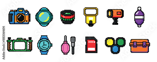 Colorful pixel art icon set of photography and videography equipment including a camera, lens, flash, and memory card in a retro 8-bit video game style illustration